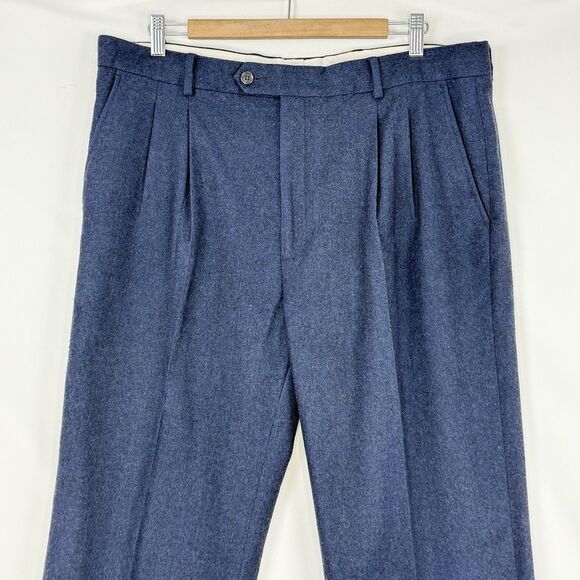 Paul Frederick Men’s 36x29 Navy Blue Pleated Dress Pants Cuffed Wool Cashmere - Picture 4 of 14